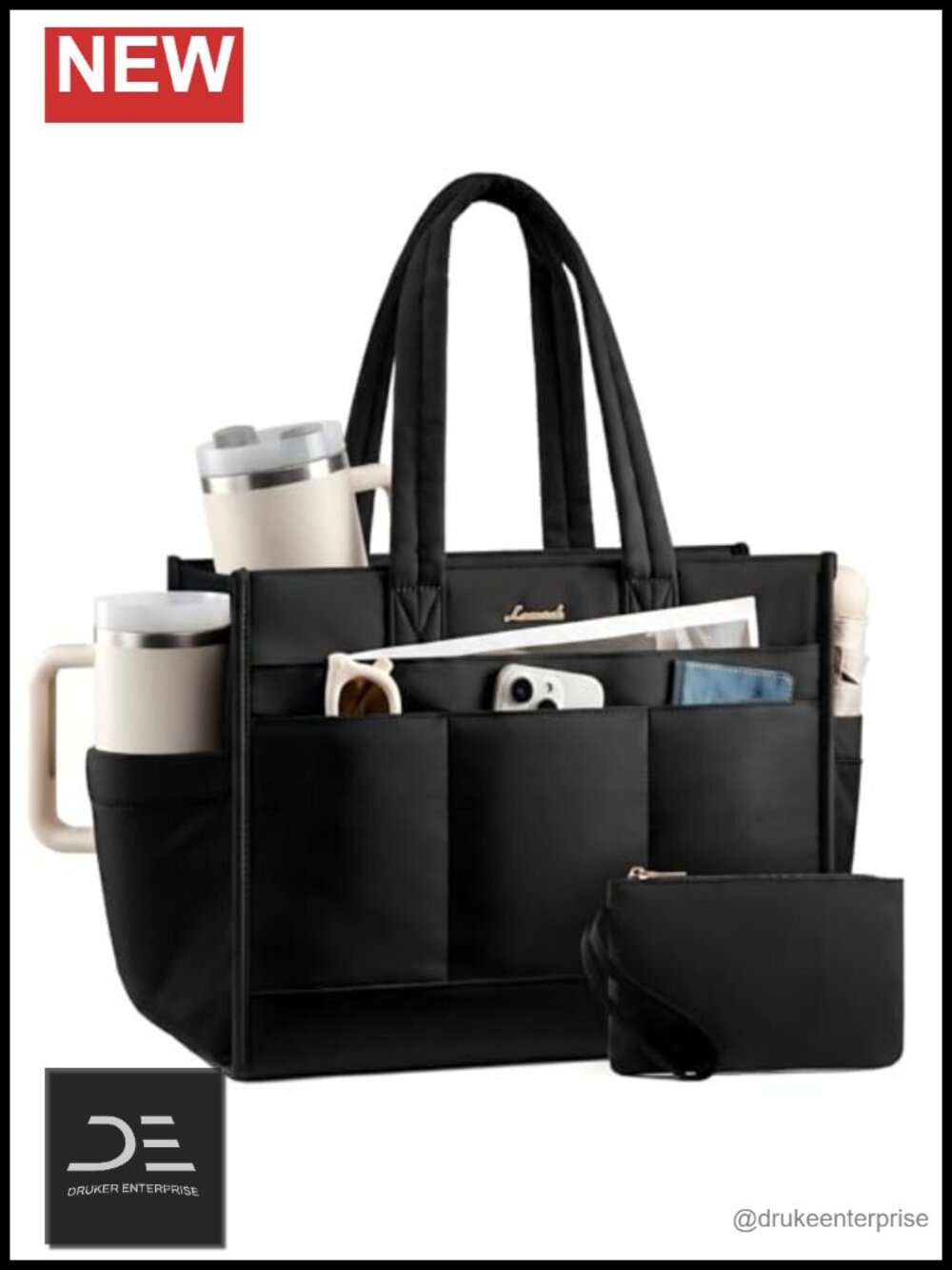 Quilted Puffer Tote Bag with 15 Pockets for Laptop Work Travel